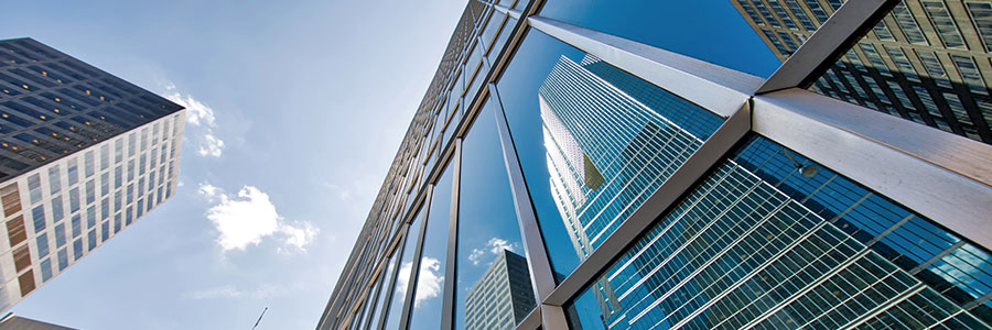 Looking upwards at office buildings