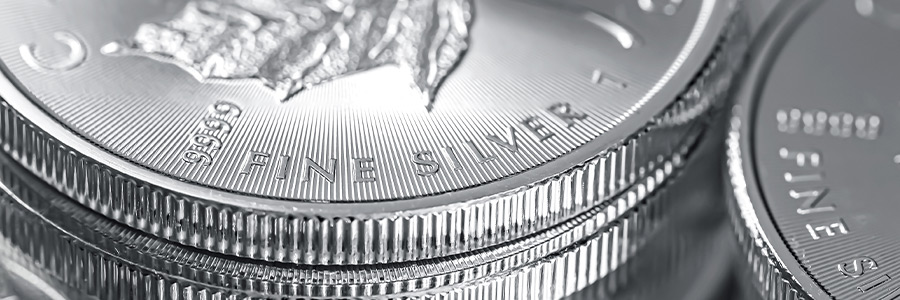 Close up of Canadian fine silver coins